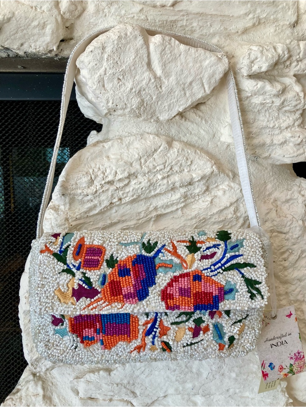 NWT Handcrafted White Beaded Shoulder Bag with Multicolor Marine Life Accents